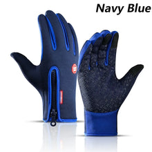 Load image into Gallery viewer, Navy blue waterproof phone touch winter gloves, designed to keep hands warm and dry while using smartphones in cold weather.