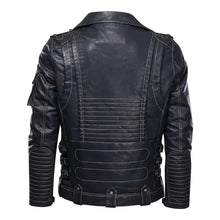 Load image into Gallery viewer, Men's vegan leather jacket, back view featuring detailed stitching, sleek design, and a fitted cut. Imported luxury and style.