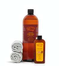 Load image into Gallery viewer, Large Leather Care Kit with conditioner, cleaner, and cloths for cleaning and conditioning leather goods.