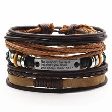 Cargar imagen en el visor de la galería, Men's leather bracelets with rugged design and inspirational Isaiah 54:17 verse, perfect for casual and formal occasions.