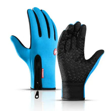 Load image into Gallery viewer, Blue winter cycling gloves for outdoor sports with zipper closure, offering comfort and protection during cold weather activities.