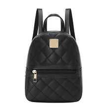 Cargar imagen en el visor de la galería, Black mini backpack for women made of quilted PU leather with gold hardware, versatile for use as crossbody bag or phone pouch.
