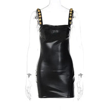 Load image into Gallery viewer, Elegant sleeveless vegan PU leather mini dress with gold button accents, perfect for stylish nights out.