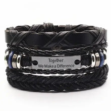 Cargar imagen en el visor de la galería, Men's leather bracelets with engraved bangle 'Together We Make a Difference,' showcasing rugged sophistication and unique design.