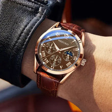 Cargar imagen en el visor de la galería, Men's quartz watch with vegan leather strap, stylish design with three faux eyes, luxury accessory for business attire.