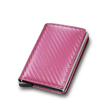 Cargar imagen en el visor de la galería, Pink RFID leather slim wallet with trifold design, compact and secure for organizing essentials on the go.