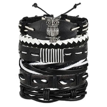 Charger l'image dans la galerie, Multilayer leather bracelet with owl design, showcasing black and white braided and stitched elements, perfect for stylish accessorizing.