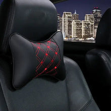 Cargar imagen en el visor de la galería, PU Leather Car Neck Pillow with Red Stitching on Seat, Cityscape Background
