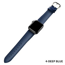 Cargar imagen en el visor de la galería, Deep blue leather band for Apple Watch, compatible with Series 1-5, shown with watch. Elegant design for 38-44mm models.