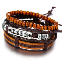 Charger l'image dans la galerie, Multilayer leather bracelet with metal 'hope' tag and wooden beads, perfect for adding rugged elegance and durability to any look.