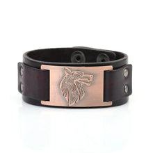 Load image into Gallery viewer, Vintage wide leather bracelet with woven wolf head centerpiece, symbolizing strength and independence. Perfect for unique style.