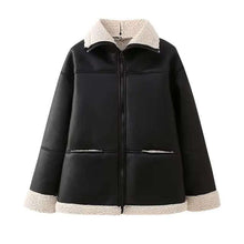 Load image into Gallery viewer, Cozy Chic Bomber Jacket, vegan leather, with faux wool patchwork and fur liner, featuring lapel and zipper details.