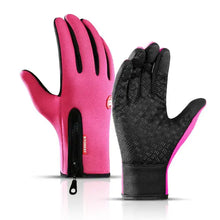 Load image into Gallery viewer, Pink waterproof outdoor sports gloves with touchscreen-compatible fingertips, designed for winter activities, featuring a zippered closure.