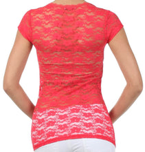 Charger l'image dans la galerie, Red stretch floral lace cap sleeve tunic tee with sheer back, showcasing intricate lace design and slim fit, ideal for layering.