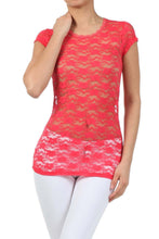 Charger l'image dans la galerie, Woman wearing coral stretch floral lace cap sleeve tunic tee, scoop neck, US-made, perfect for layering over cami or mini dress.