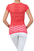 Charger l'image dans la galerie, Back view of red floral lace tunic length tee with cap sleeves, perfect for layering