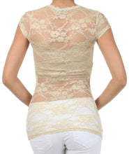 Charger l'image dans la galerie, Back view of beige stretch floral lace cap sleeve tunic tee, showcasing delicate sheer lace design and slim fit.