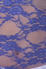 Charger l'image dans la galerie, Close-up of blue floral lace fabric from a stretch tunic tee