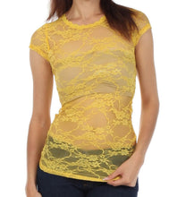 Charger l'image dans la galerie, Yellow floral lace cap sleeve tunic tee with scoop neckline, sheer design, and slim fit, perfect for layering, made in USA.