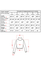 Load image into Gallery viewer, Size chart and diagram for metallic mock neck turtleneck crop top with measurements for sizes S to 3X, made in USA.