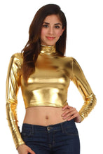 Load image into Gallery viewer, Metallic liquid gold mock neck turtleneck crop top, long sleeve style, made in USA, shown on model.