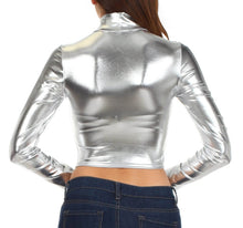 Load image into Gallery viewer, Back view of a metallic liquid mock neck turtleneck long sleeve crop top made in the USA, showcasing reflective silver finish.