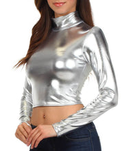 Load image into Gallery viewer, Metallic liquid mock neck turtleneck long sleeve crop top in silver, shown worn by a model, highlighting the shiny fabric made in USA.