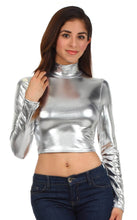 Load image into Gallery viewer, Woman wearing metallic liquid mock neck turtleneck long sleeve crop top, paired with jeans, showcasing stylish Made in USA fashion.
