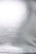 Load image into Gallery viewer, Close-up of metallic fabric texture on a liquid mock neck turtleneck crop top, highlighting its shiny and smooth appearance.