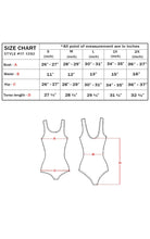 Load image into Gallery viewer, Women's metallic bodysuit leotard size chart with measurements for bust, waist, hip, and torso length in inches across various sizes.