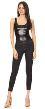 Load image into Gallery viewer, Woman wearing black metallic bodysuit leotard and jeans, showcasing Women's Gymnastics Dance Party style, made in USA.