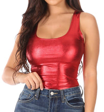 Load image into Gallery viewer, Women's metallic red leotard top for gymnastics and dance, paired with jeans, showcasing a stylish and shiny outfit.