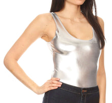 Load image into Gallery viewer, Women's metallic bodysuit leotard top for gymnastics and dance, shown in silver. Made in USA. Features sleeveless design and form-fitting style.