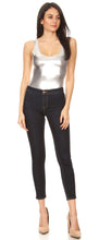 Load image into Gallery viewer, Silver metallic leotard bodysuit worn with jeans, showcasing women's gymnastics and dance fashion. Made in USA.