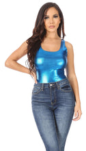 Load image into Gallery viewer, Woman wearing a shiny metallic blue bodysuit leotard top with jeans, showcasing women's gymnastics dance fashion. Made in USA.