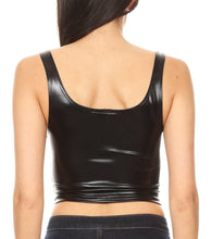 Cargar imagen en el visor de la galería, Back view of a black sleeveless liquid metallic crop tank top, showing its shiny finish and slim fit, made in the USA.