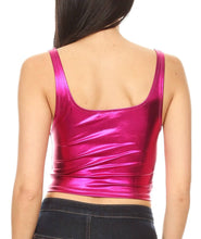 Cargar imagen en el visor de la galería, Back view of a pink liquid metallic sleeveless crop tank top, showcasing stretchy fabric and a modern clubwear style.