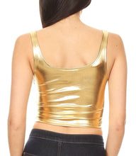 Cargar imagen en el visor de la galería, Back view of a stretchy sleeveless gold metallic crop tank top, made in USA, shown with denim jeans.