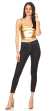 Cargar imagen en el visor de la galería, Model wearing a stretchy sleeveless liquid metallic gold club crop tank top, paired with skinny jeans and heels, showcasing trendy clubwear fashion.