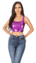 Cargar imagen en el visor de la galería, Woman wearing purple metallic sleeveless crop tank top with jeans, made in USA