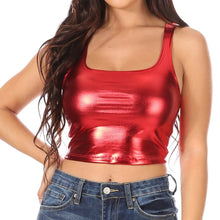 Cargar imagen en el visor de la galería, Red stretchy sleeveless liquid metallic crop top worn with jeans, made in USA.