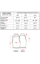 Charger l'image dans la galerie, Size chart for mock neck turtleneck sleeveless scuba crop top in S, M, L with detailed measurements and diagram. Made in USA.