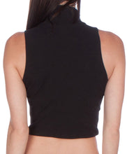Charger l'image dans la galerie, Back view of a black sleeveless mock neck turtleneck scuba crop top, showcasing its sleek design and high neck style. Made in USA.