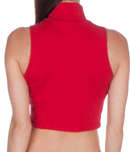 Charger l'image dans la galerie, Back view of red sleeveless mock neck turtleneck scuba crop top, made in the USA, showing high neckline and shoulder cut design.