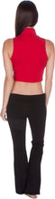 Charger l'image dans la galerie, Back view of a model wearing a red mock neck turtleneck sleeveless scuba crop top paired with black pants, showcasing fashion fit.