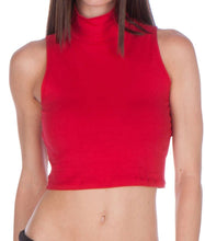 Charger l'image dans la galerie, Red mock neck sleeveless turtleneck crop top, Made in USA, stylish and fitted for casual wear. Model wearing size small.