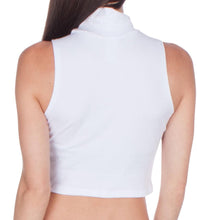 Charger l'image dans la galerie, Back view of white mock neck turtleneck sleeveless scuba crop top, showcasing fitted design and high neckline.