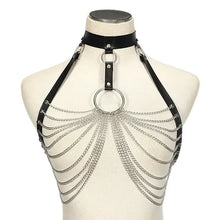 Load image into Gallery viewer, Goth leather body harness chain bra with intricate chains and bold design, perfect for edgy and gothic style.