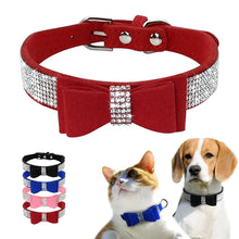 Cargar imagen en el visor de la galería, Red adjustable leather bowknot collar with rhinestones for puppies and cats, displayed with various color options.