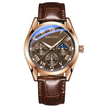 Cargar imagen en el visor de la galería, Luxury men's quartz watch with brown vegan leather strap, featuring three faux eyes and Roman numerals, ideal for business attire.